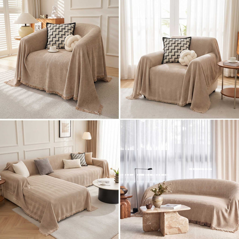 Sofaüberwurf mit Fischgrätmuster und Fransen für Sofa und Bett