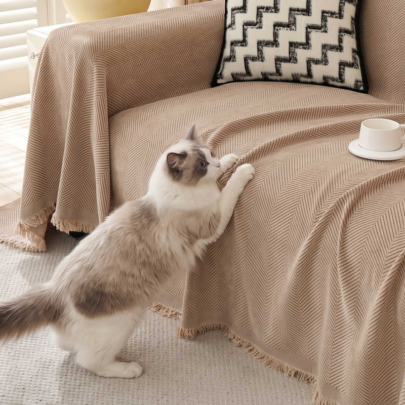 Sofaüberwurf mit Fischgrätmuster und Fransen für Sofa und Bett