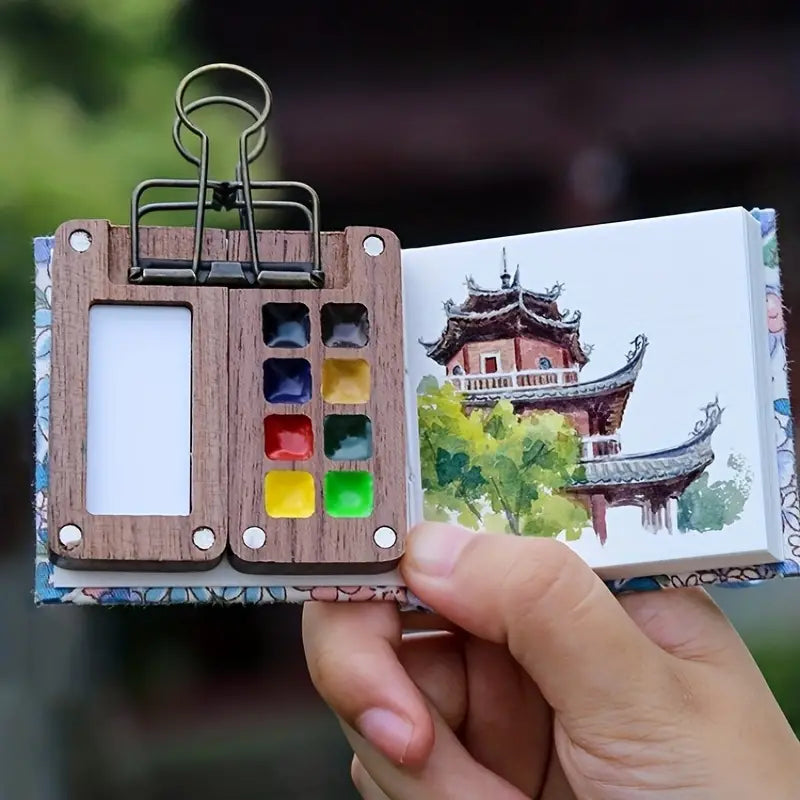 Kompaktes Aquarellset aus Holz für unterwegs