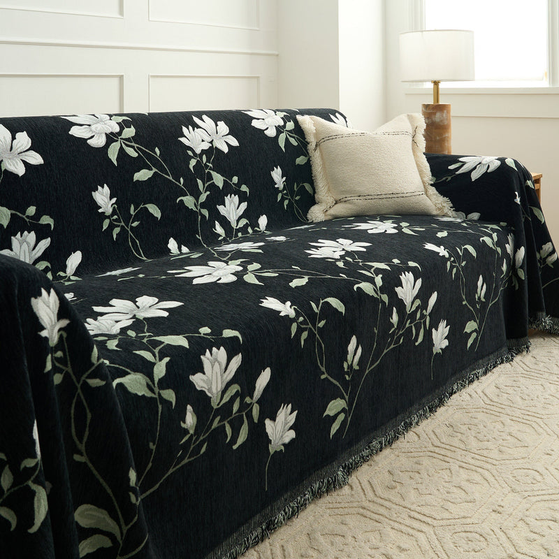 Sofaüberwurf mit Magnolienmotiv und Dekorativem Fransenrand