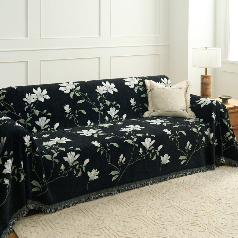 Sofaüberwurf mit Magnolienmotiv und Dekorativem Fransenrand
