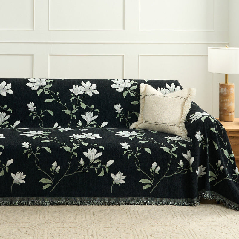 Sofaüberwurf mit Magnolienmotiv und Dekorativem Fransenrand