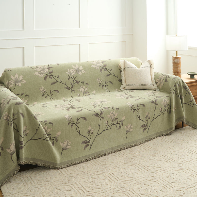 Sofaüberwurf mit Magnolienmotiv und Dekorativem Fransenrand