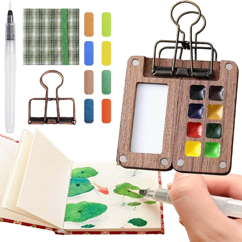 Kompaktes Aquarellset aus Holz für unterwegs