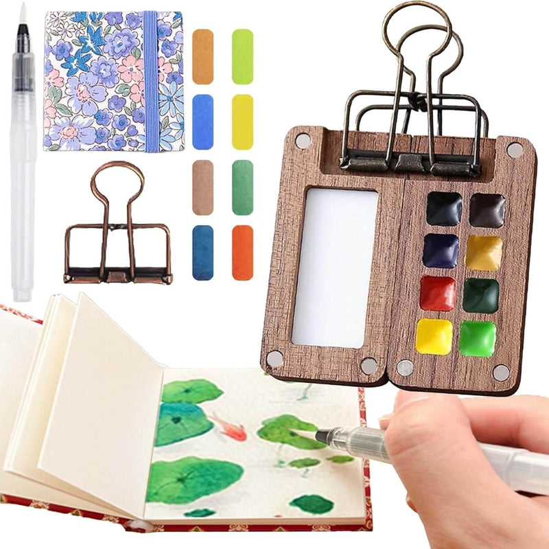 Kompaktes Aquarellset aus Holz für unterwegs