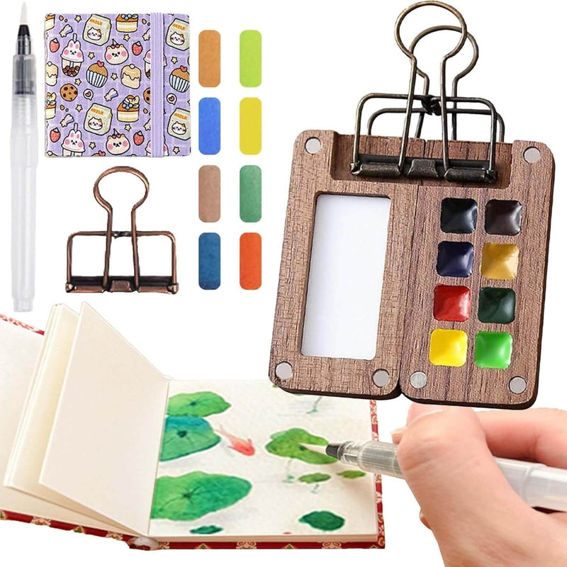 Kompaktes Aquarellset aus Holz für unterwegs