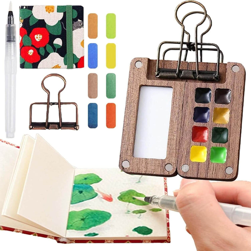 Kompaktes Aquarellset aus Holz für unterwegs