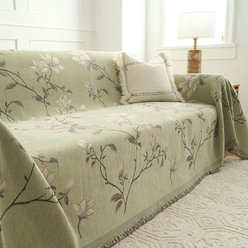 Sofaüberwurf mit Magnolienmotiv und Dekorativem Fransenrand