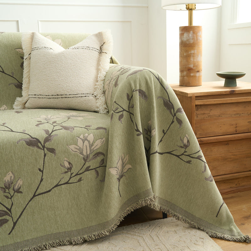 Sofaüberwurf mit Magnolienmotiv und Dekorativem Fransenrand