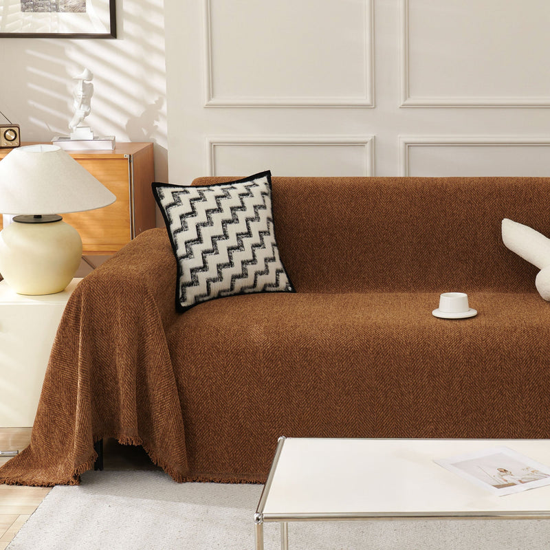Sofaüberwurf mit Fischgrätmuster und Fransen für Sofa und Bett