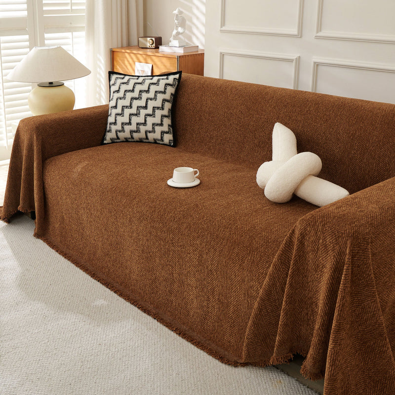 Sofaüberwurf mit Fischgrätmuster und Fransen für Sofa und Bett