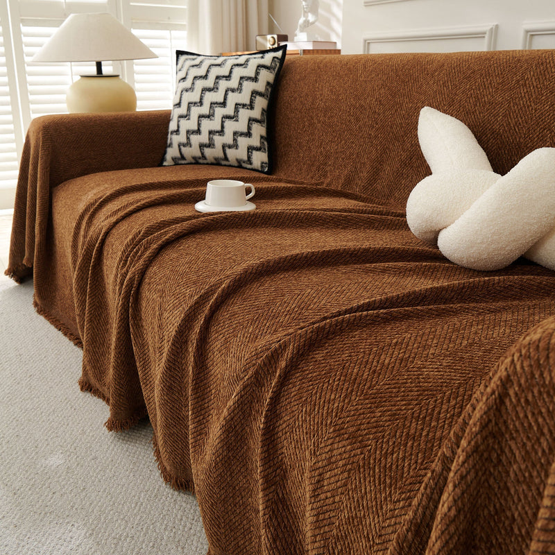 Sofaüberwurf mit Fischgrätmuster und Fransen für Sofa und Bett