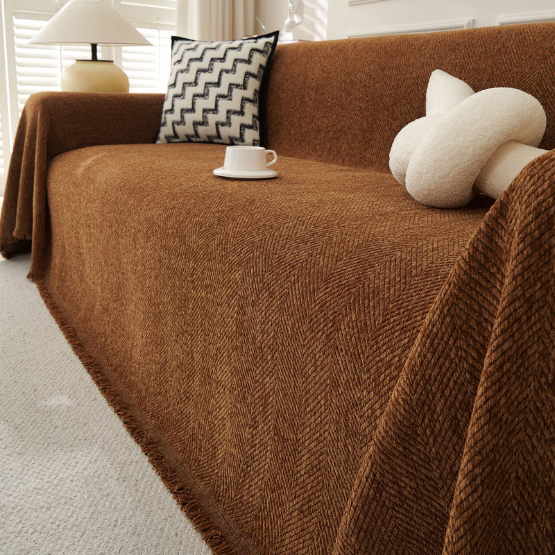 Sofaüberwurf mit Fischgrätmuster und Fransen für Sofa und Bett