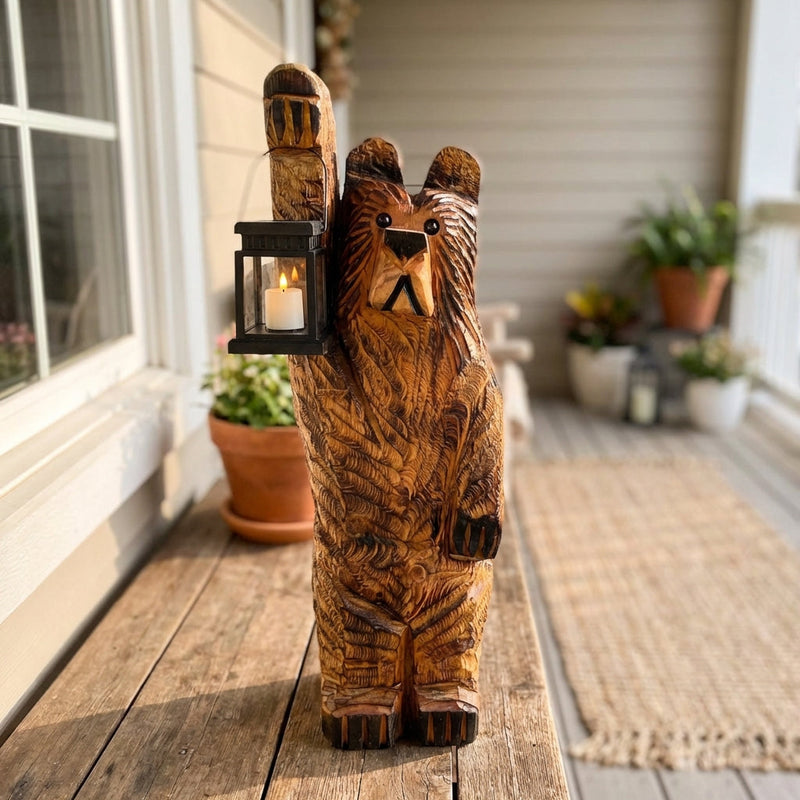 Solar-Gartenfigur Bär mit LED-Laterne in Holzoptik