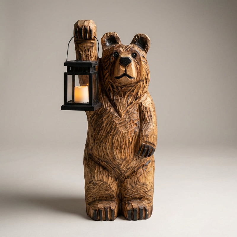 Solar-Gartenfigur Bär mit LED-Laterne in Holzoptik
