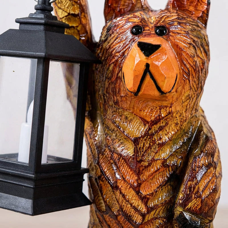 Solar-Gartenfigur Bär mit LED-Laterne in Holzoptik