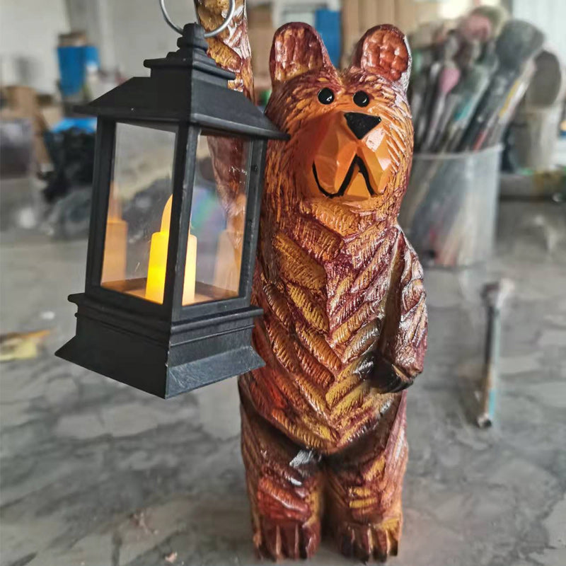 Solar-Gartenfigur Bär mit LED-Laterne in Holzoptik