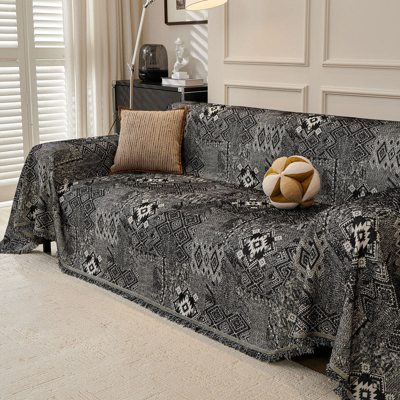 Sofaüberwurf mit Geometrischem Webmuster und Fransen im Boho-Stil