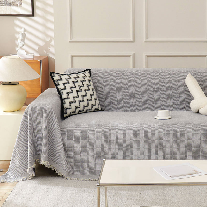 Sofaüberwurf mit Fischgrätmuster und Fransen für Sofa und Bett