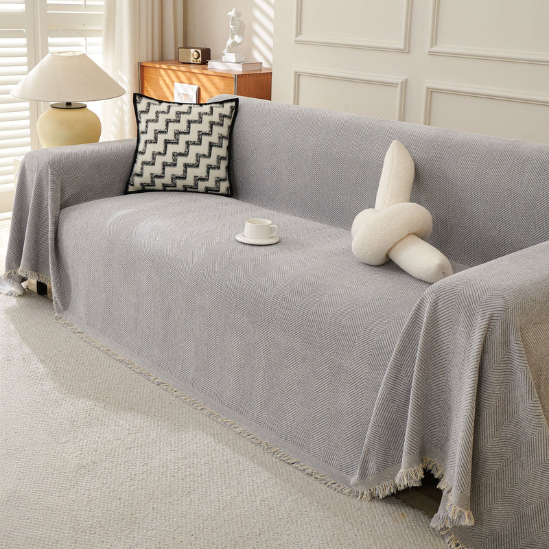 Sofaüberwurf mit Fischgrätmuster und Fransen für Sofa und Bett