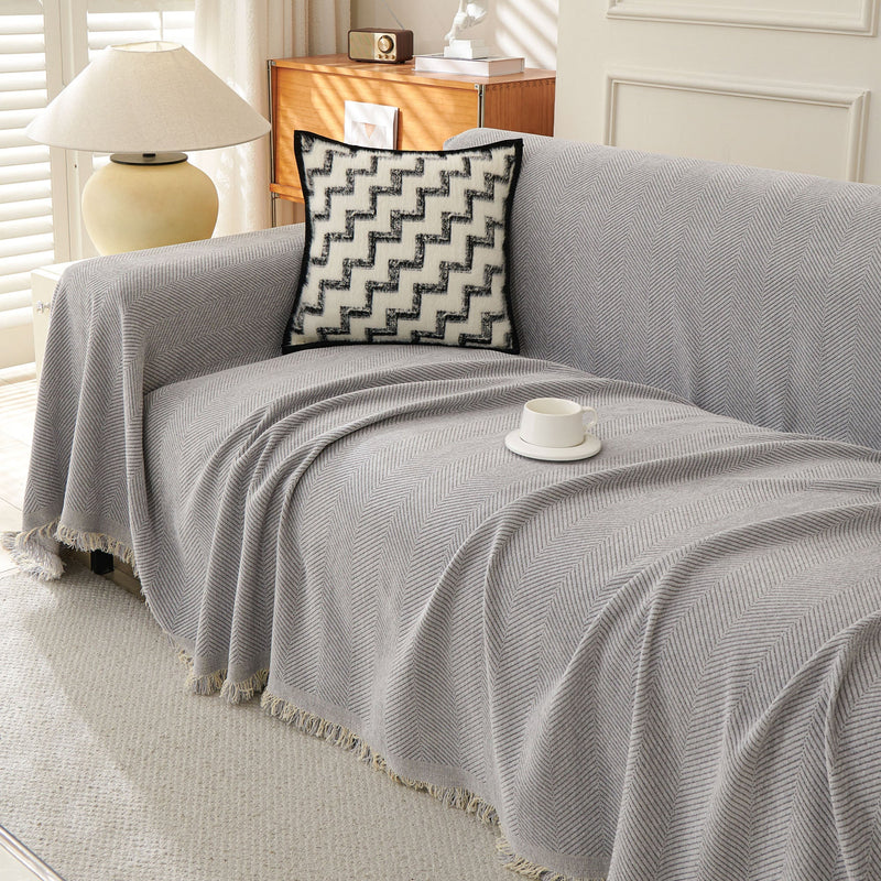 Sofaüberwurf mit Fischgrätmuster und Fransen für Sofa und Bett