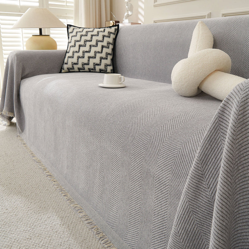Sofaüberwurf mit Fischgrätmuster und Fransen für Sofa und Bett