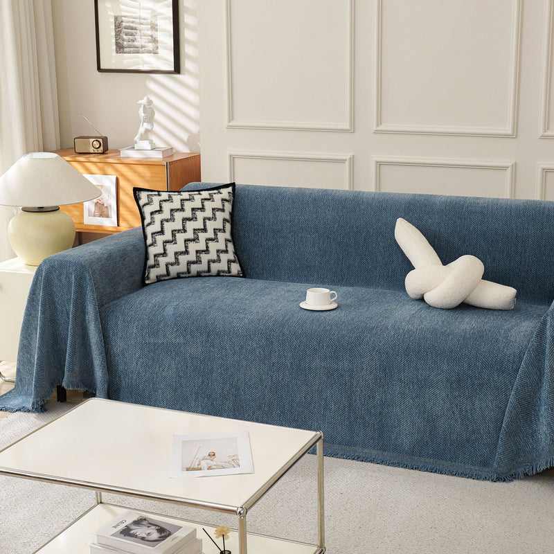 Sofaüberwurf mit Fischgrätmuster und Fransen für Sofa und Bett