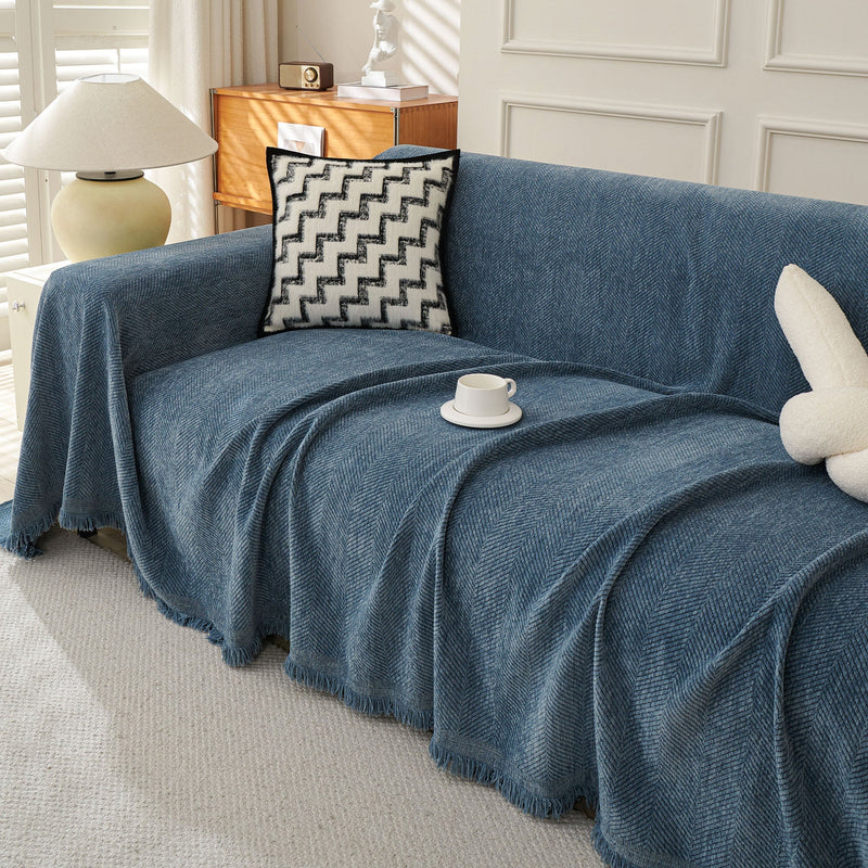 Sofaüberwurf mit Fischgrätmuster und Fransen für Sofa und Bett