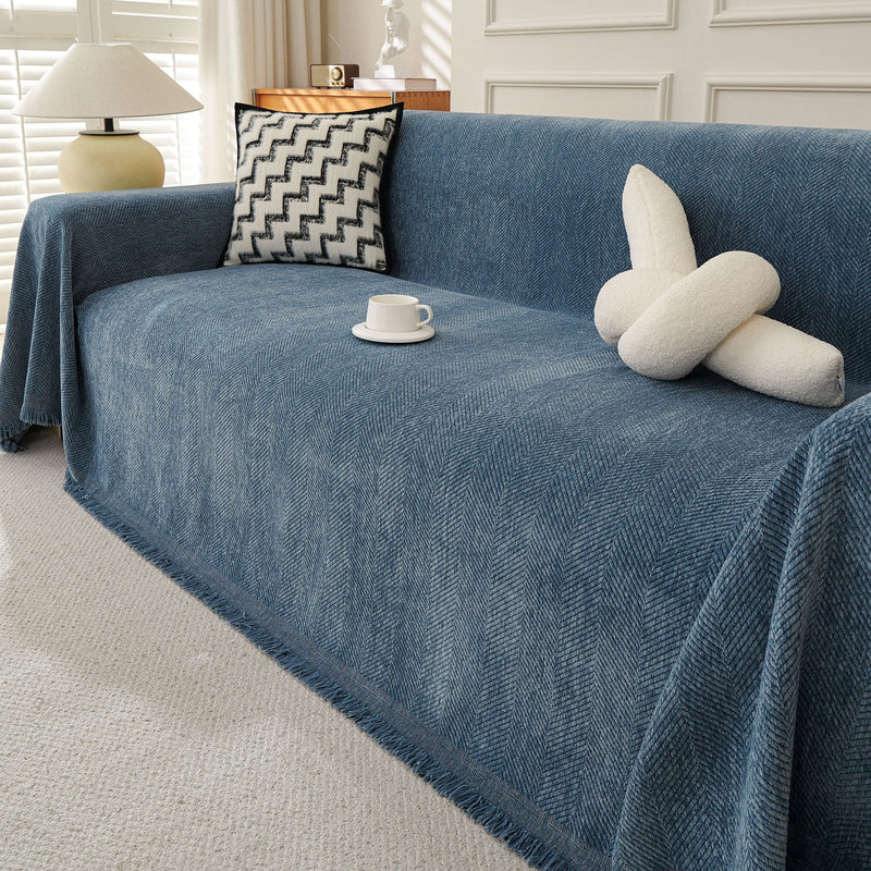 Sofaüberwurf mit Fischgrätmuster und Fransen für Sofa und Bett
