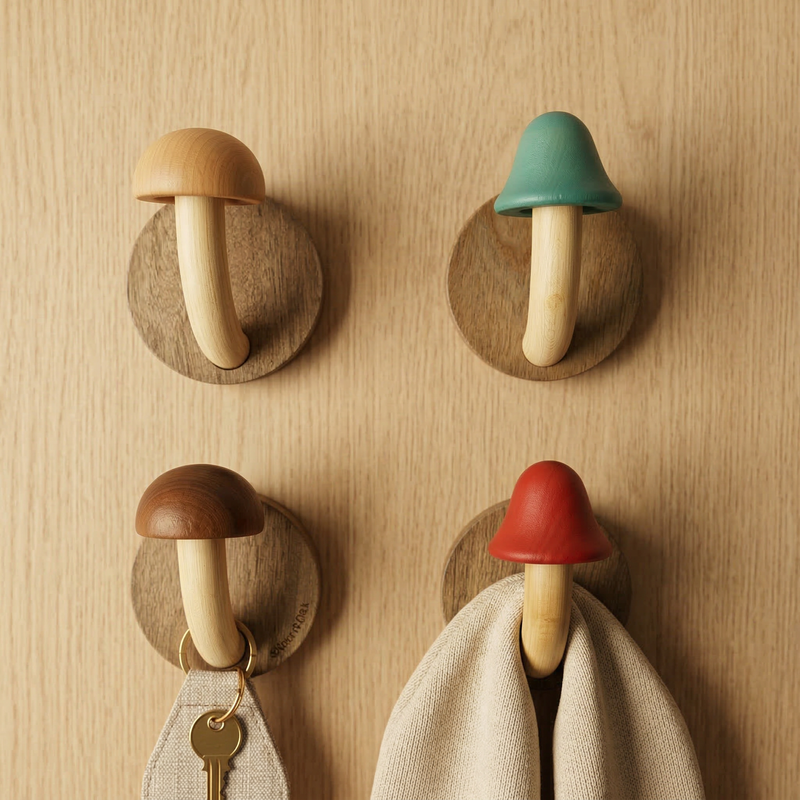 Wandhaken-Set aus Holz in Dekorativer Pilzform