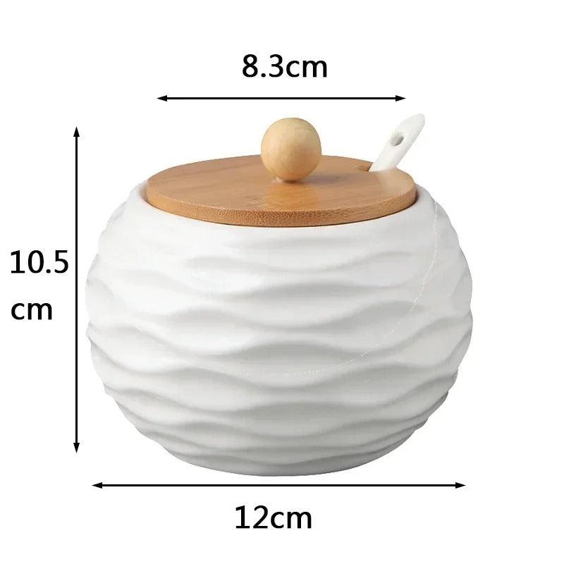 Zuckerdose aus Keramik mit Bambusdeckel und Relief