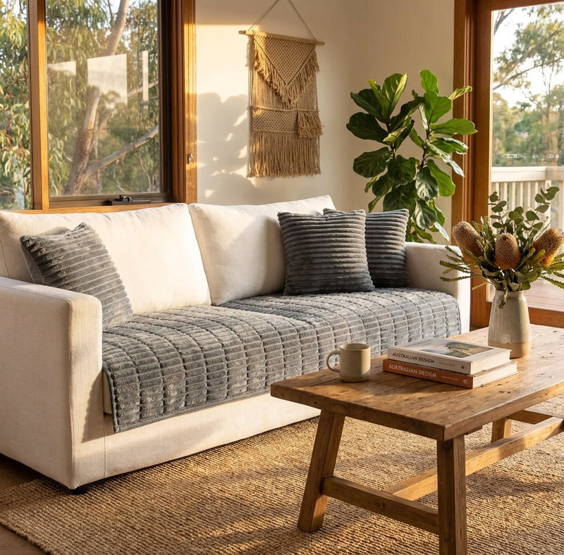 Sofaüberwurf aus Cordstoff mit Rüschenkante