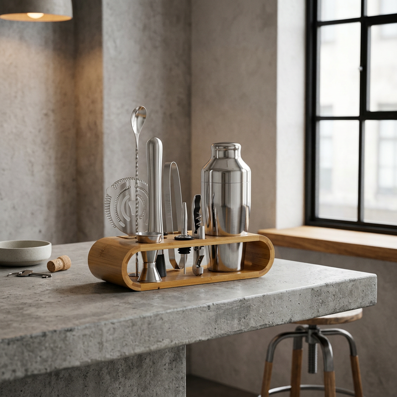 Cocktail-Set aus Edelstahl mit Bambusständer