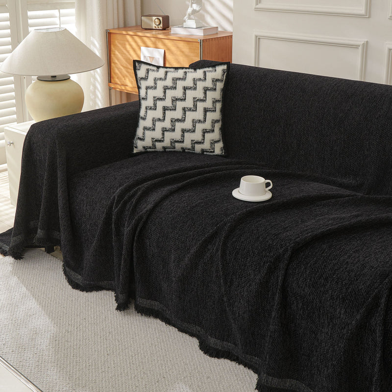 Sofaüberwurf mit Fischgrätmuster und Fransen für Sofa und Bett