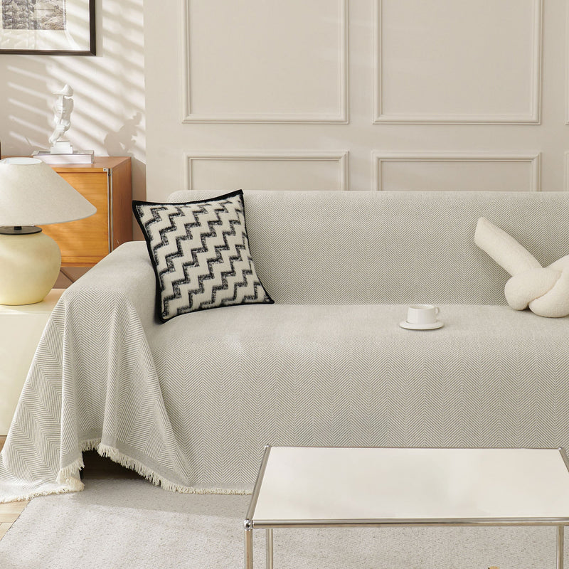 Sofaüberwurf mit Fischgrätmuster und Fransen für Sofa und Bett