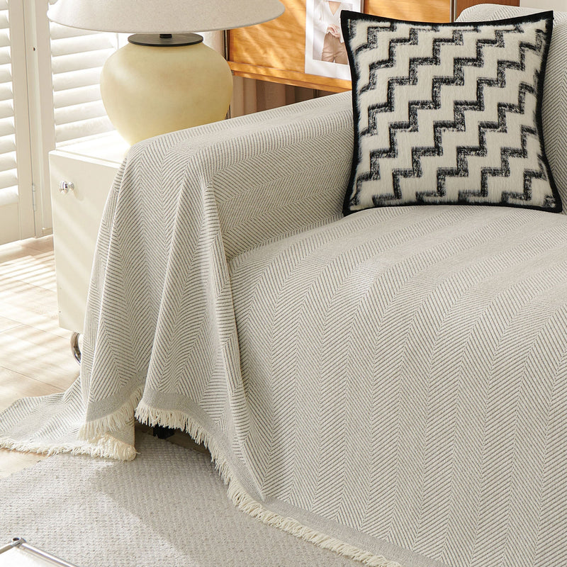 Sofaüberwurf mit Fischgrätmuster und Fransen für Sofa und Bett