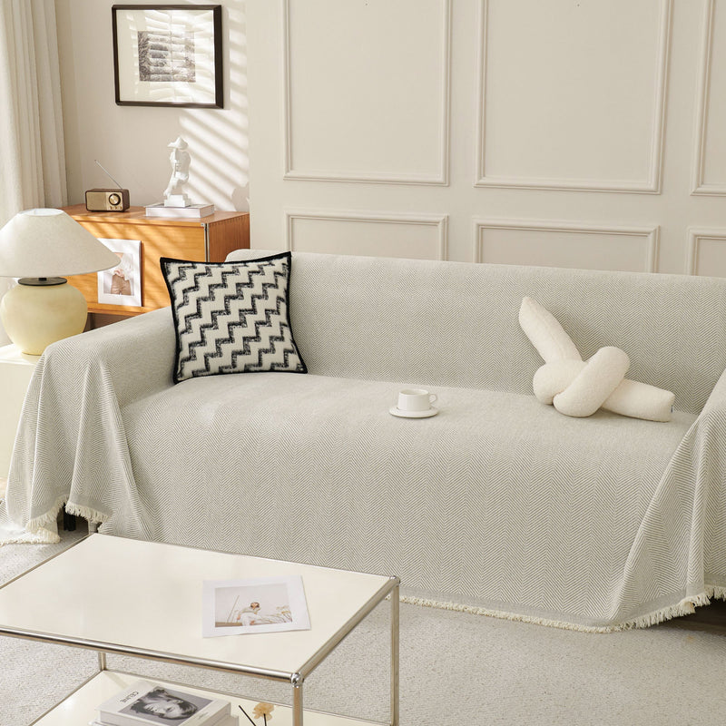 Sofaüberwurf mit Fischgrätmuster und Fransen für Sofa und Bett
