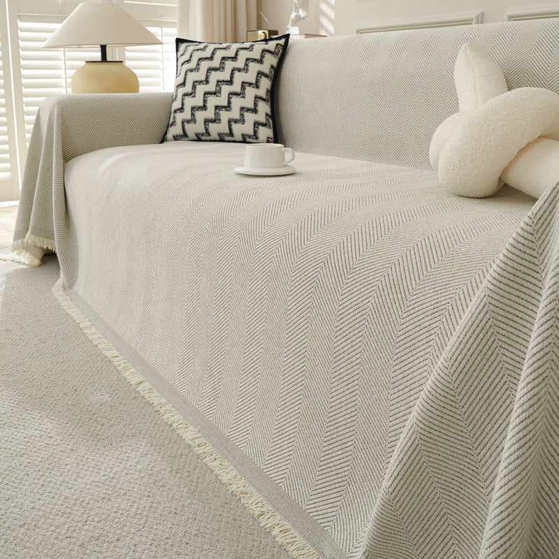 Sofaüberwurf mit Fischgrätmuster und Fransen für Sofa und Bett