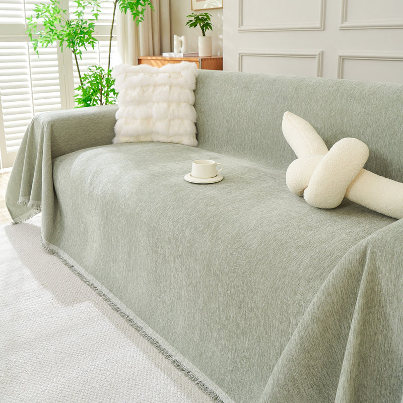 Chenille-Sofaüberwurf mit Fransen in Unifarben