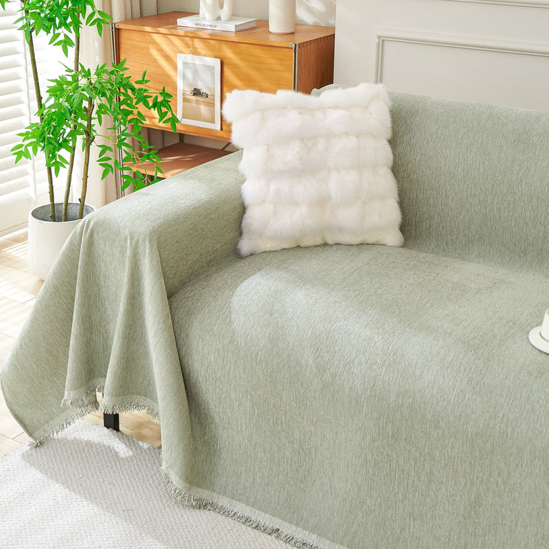 Chenille-Sofaüberwurf mit Fransen in Unifarben