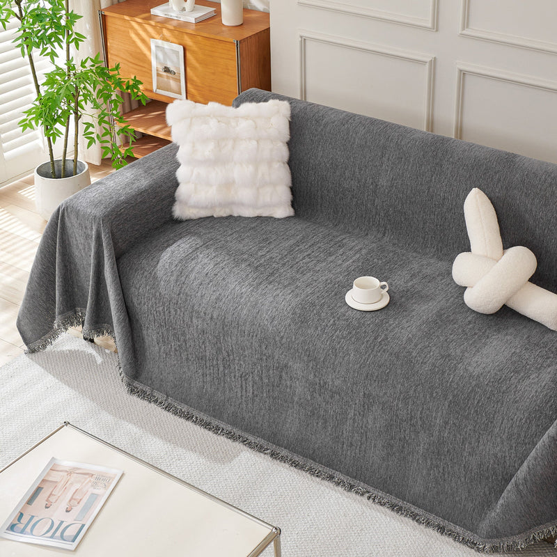 Chenille-Sofaüberwurf mit Fransen in Unifarben