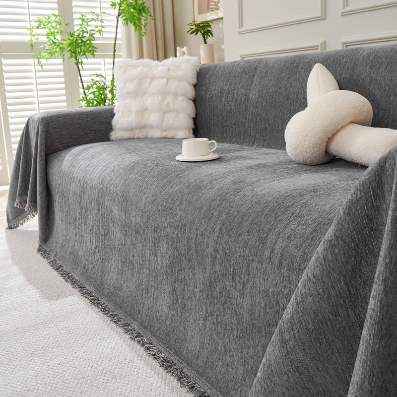 Chenille-Sofaüberwurf mit Fransen in Unifarben