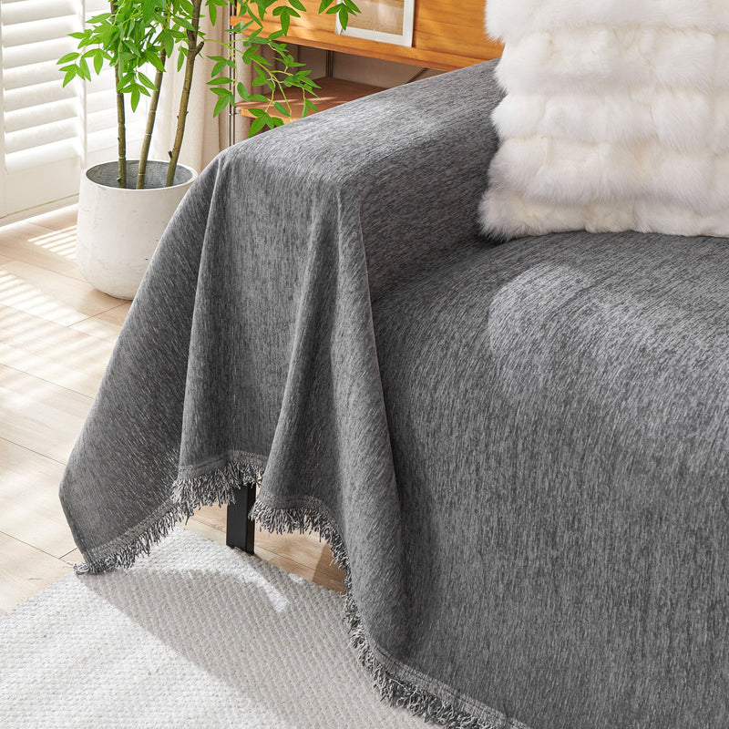 Chenille-Sofaüberwurf mit Fransen in Unifarben