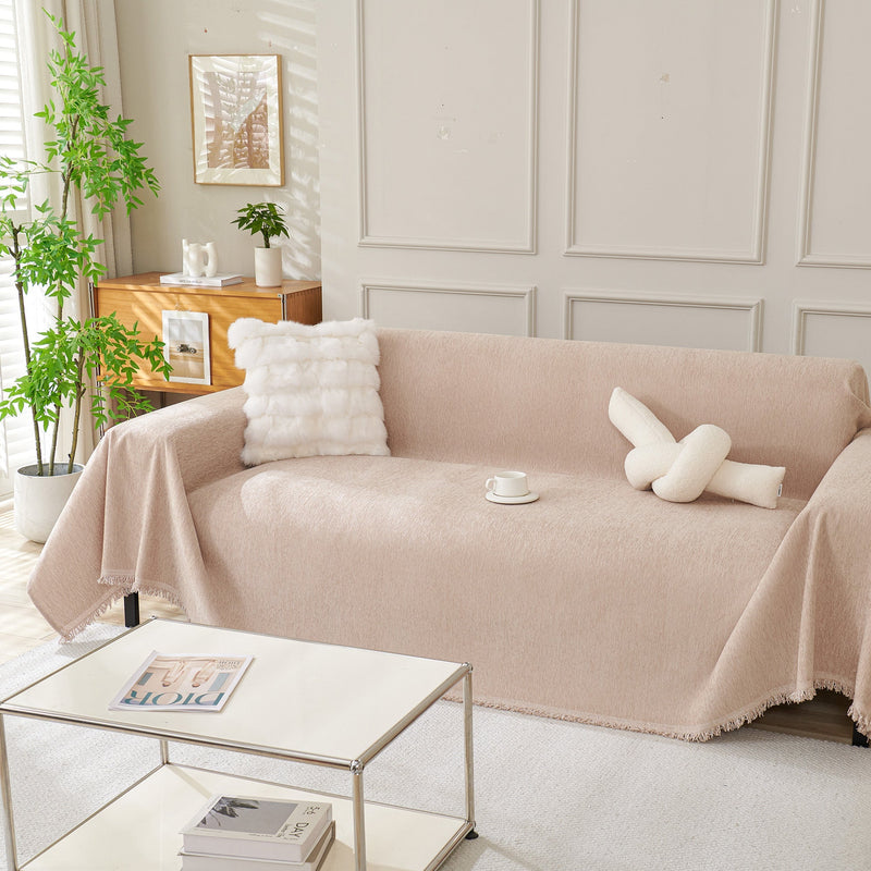 Chenille-Sofaüberwurf mit Fransen in Unifarben