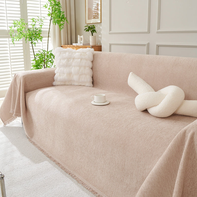 Chenille-Sofaüberwurf mit Fransen in Unifarben