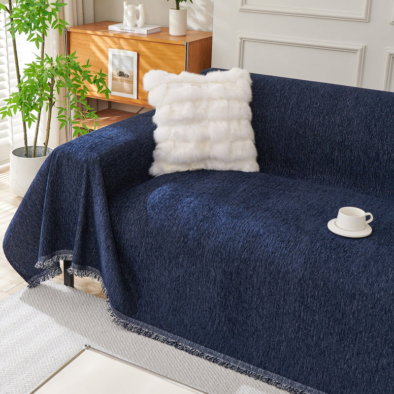 Chenille-Sofaüberwurf mit Fransen in Unifarben