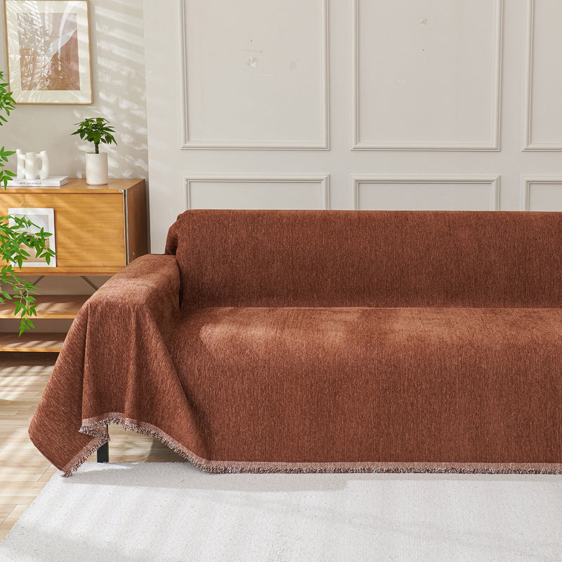 Chenille-Sofaüberwurf mit Fransen in Unifarben