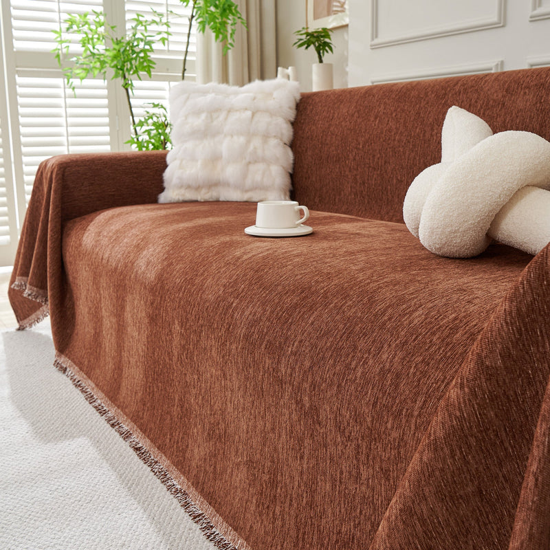 Chenille-Sofaüberwurf mit Fransen in Unifarben
