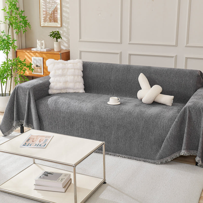 Chenille-Sofaüberwurf mit Fransen in Unifarben