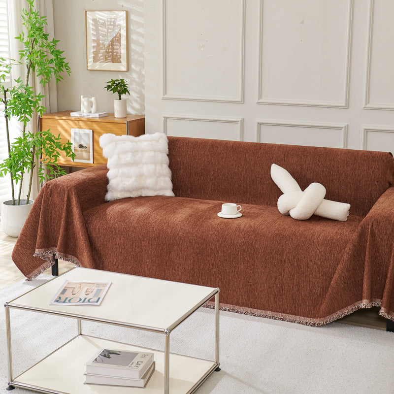 Chenille-Sofaüberwurf mit Fransen in Unifarben